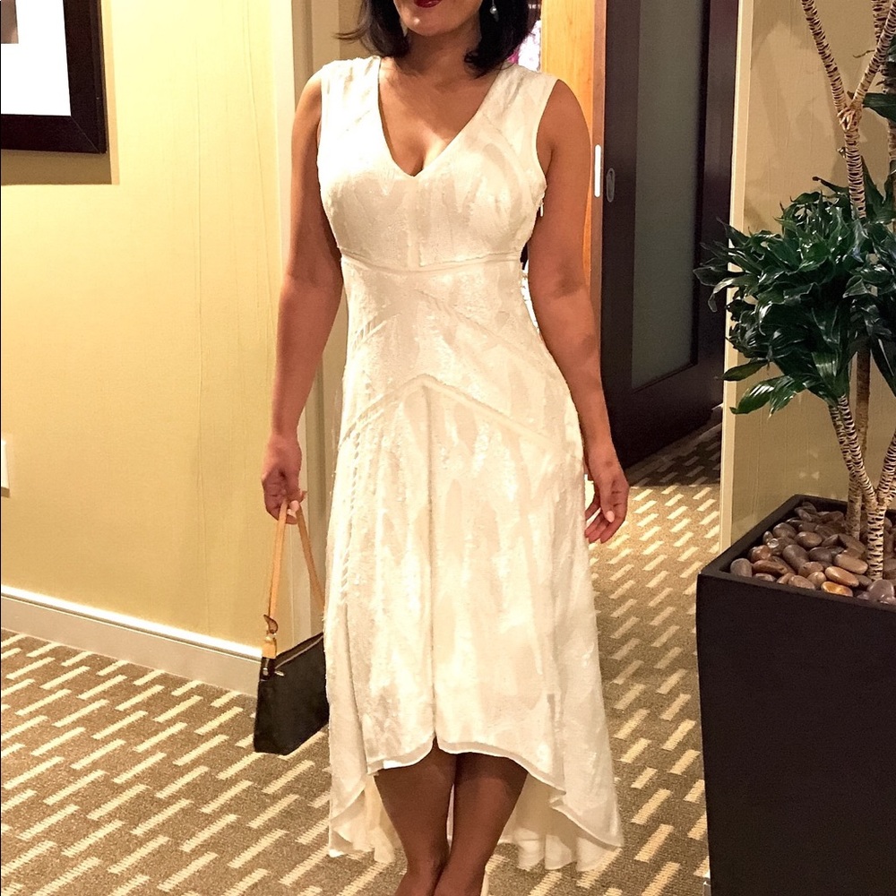 BCBG MaxAzria Sequined high low ivory gown Sz. 4